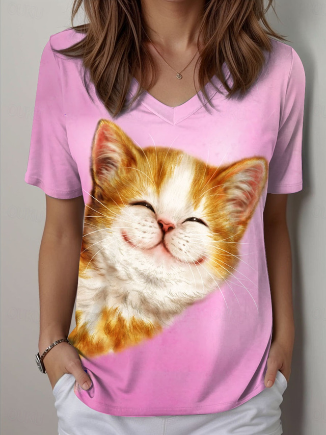  Kayomi Harai Women's T Shirt Graphic Animal Cute Stylish Casual Short Sleeve V Neck Regular Tops Daily Print Pink Summer