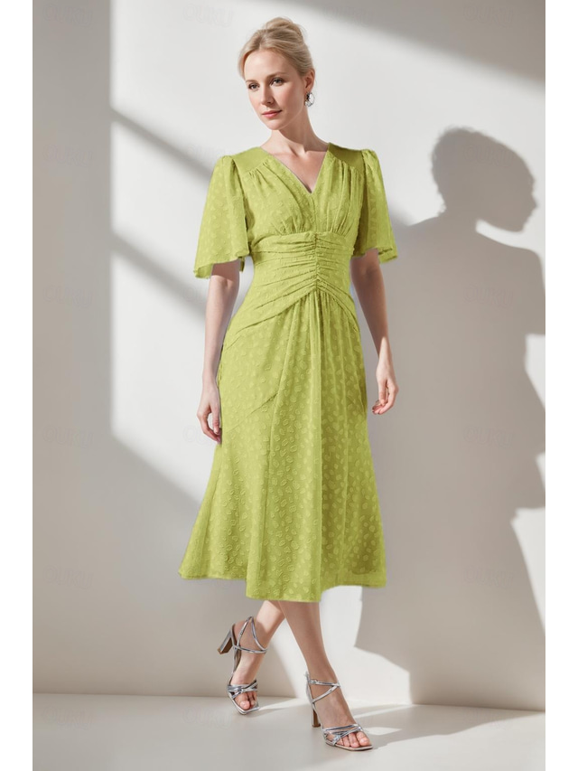  Sky Blue Burnt Out Dots Lace A-Line Mother of the Bride Dress Elegant Simple Wedding Guest Dress V Neck Floor Length Chiffon Lace Short Sleeve with Ruching 2025