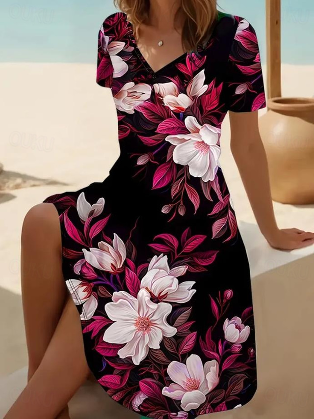  Dame Mini kjole T skjortekjole Solkjole Kjole med A-linje Ferie Fritid Strandstil Ut på byen Strand Standard passform Blomstret Grafisk Kortermet V-hals Dyp Grønn Rød Svart Sommer