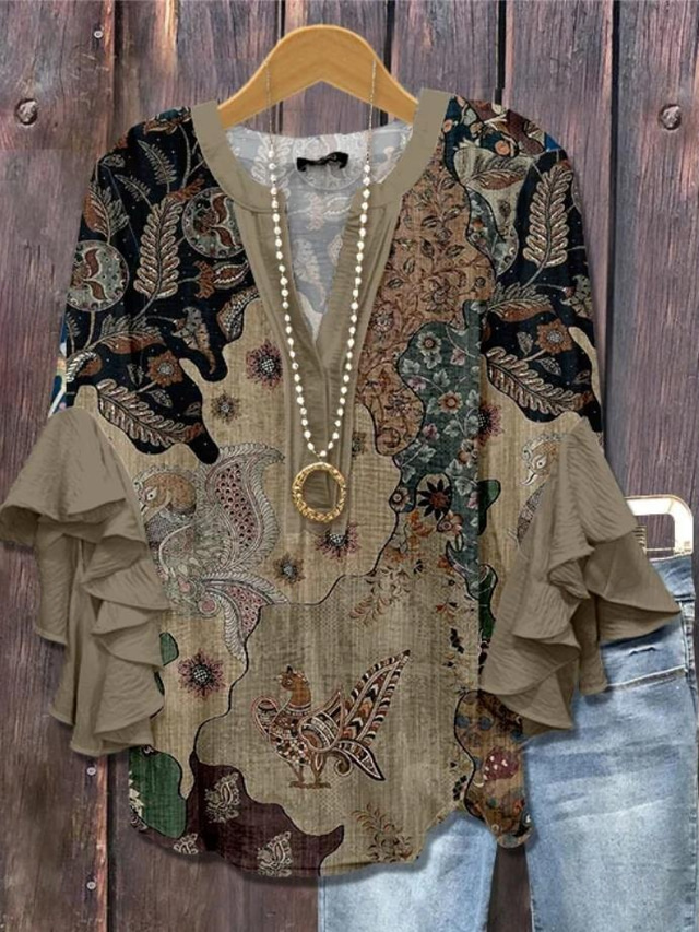  Blusa para mujeres con mangas de volantes en capas estampado floral gráfico bohemia vintage estilo diario de longitud 3/4 escote en V tops regulares prendas para uso diario vacaciones estampado en