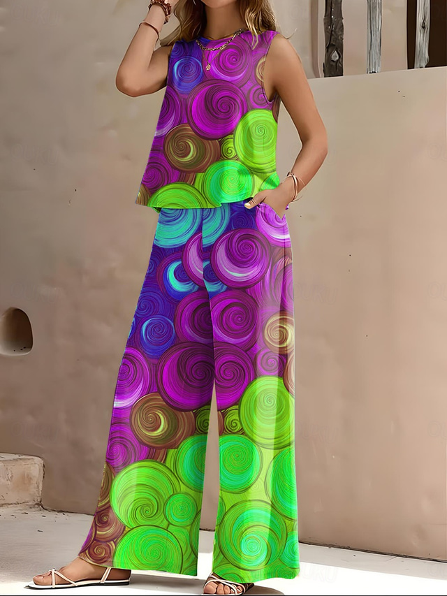  Damen 2 Teile Urlaub Daily Hosen Sets Ärmellos Rundhalsausschnitt Ombre Grafik Geometrisch Lässig Daily Blau Lila Grün Sommer Lockere Passform