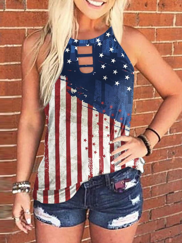  Independence Day Women's Camisole Tank Top Flag Daily Casual Sleeveless Halter Neck Regular Tops Daily Print Denim Blue Red Navy Blue Royal Blue Blue Summer