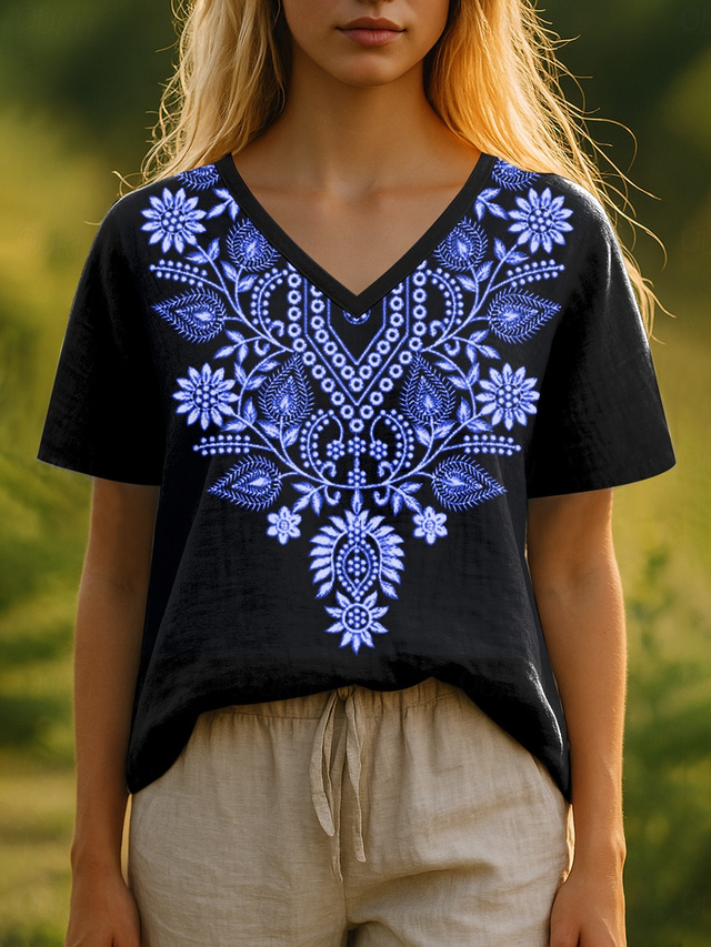  Women's T Shirt Floral Graphic Plants Bohemia Stylish Casual Short Sleeve V Neck Regular Tops Daily Print White Blue Fuchsia Green Summer Spring