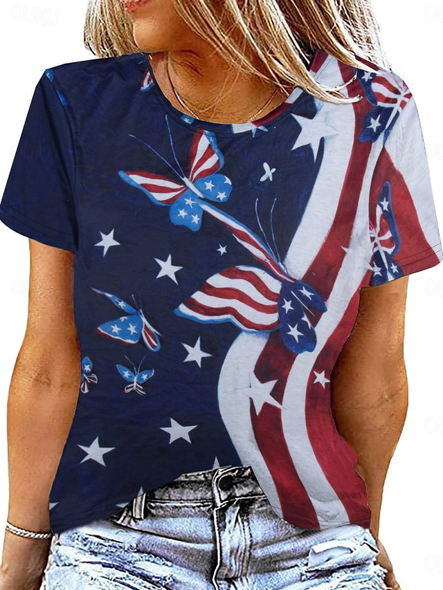  Women's Patriotic  T Shirt Graphic Flag Vintage Stylish Casual Short Sleeve Crew Neck Regular Tops Daily Weekend Print Red Blue Summer Spring