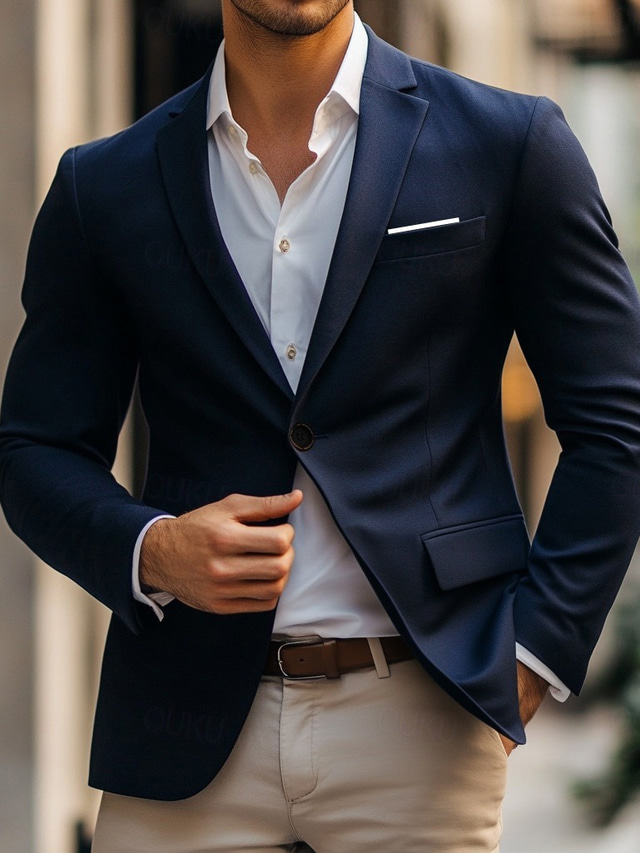  giacca blazer uomo giacca sportiva da matrimonio blu navy casual moda quotidiana casual tutte le stagioni poliestere tinta unita basic blazer monopetto