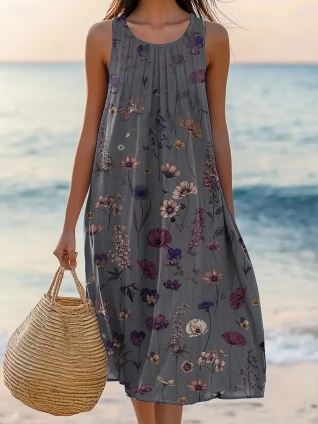  Dam Midiklänning Plisserad klänning Semester Ledigt Boho Strand Normal Nyans Blommig Grafisk Ärmlös Rund halsringning Rodnande Rosa Grå Sommar Vår