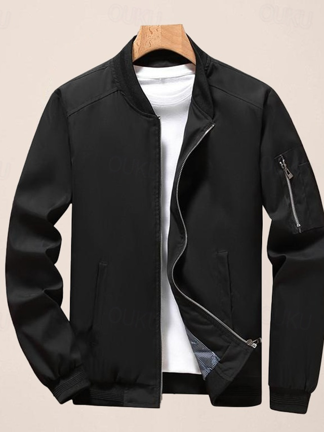  Men's Bomber Jacket Transition Jacket Sports Outdoor Windproof Classic Style All Seasons Solid Color Classic & Timeless Crewneck Regular Black Red Green khaki Dark Blue Jacket
