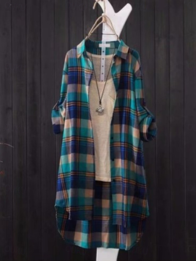  Women's Cotton Linen Shirt Plaid Basic Casual Long Sleeve Shirt Collar Long Tops Daily Buttons Pocket Print Red Blue Summer