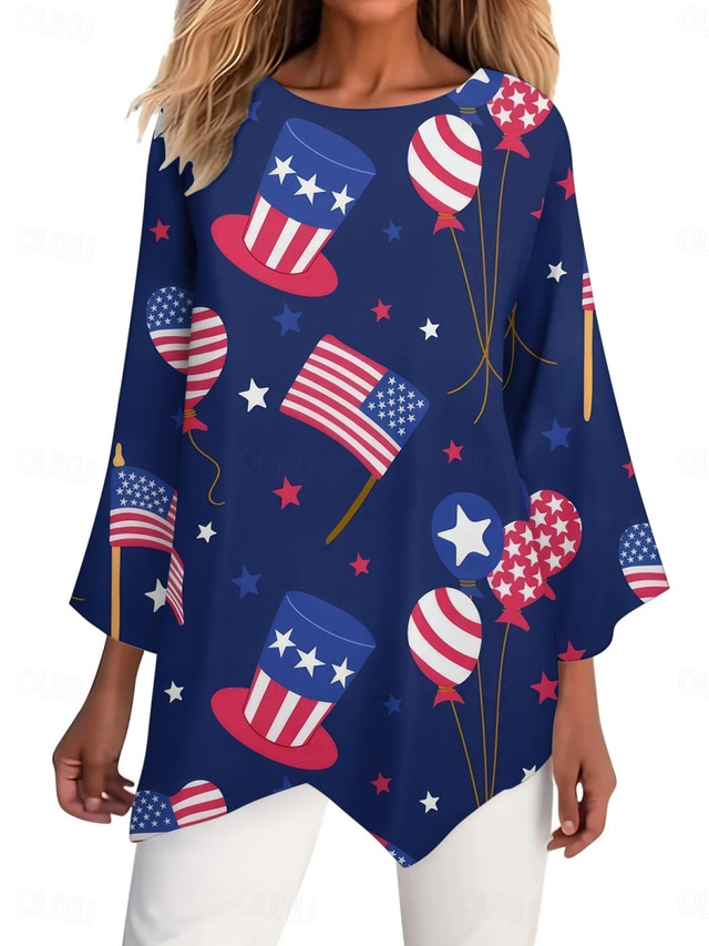  Women's Patriotic  Shirt Flag Stylish Casual 3/4 Length Sleeve Crew Neck Regular Tops Daily Print White Red Navy Blue Blue Summer Spring