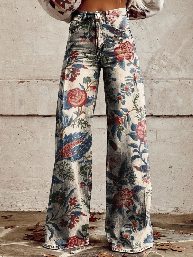  Damen Weites Bein Chinos Urlaub Mode Streetwear Volle Länge Hohe Taille Blumen Tasche Drucken Bequem Weich Mikroelastisch Outdoor Straße Weiß Gelb Marinenblau Blau Sommer Frühling Normale Passform