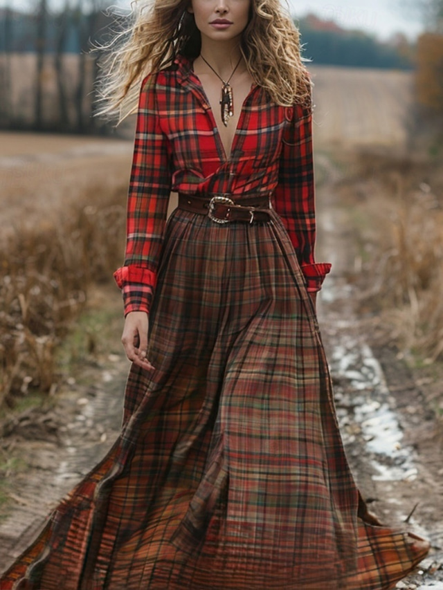  Women's Long Dress Maxi Dress Casual Dress Swing Dress Summer Dress Boho Dress Vintage Vacation Daily Holiday Regular Fit Plaid Long Sleeve V Neck Red Summer