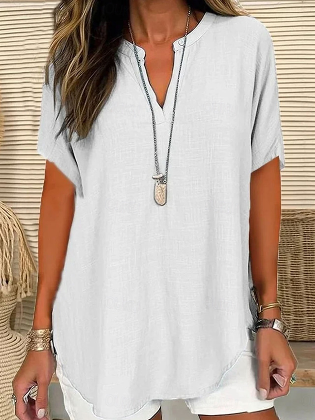  Women's Blouse Solid Color Elegant Casual Short Sleeve V Neck Regular Tops Daily Holiday Black White Pink Blue Green Summer Spring