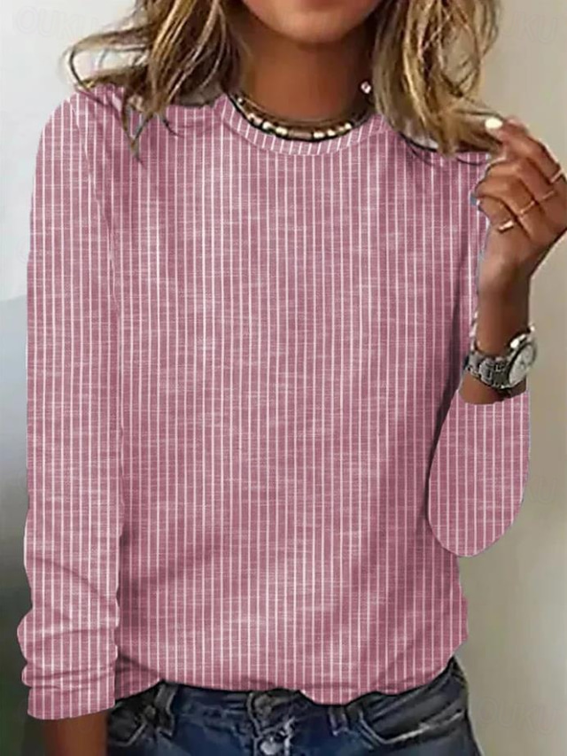  Women's T Shirt Graphic Striped Elegant Vintage Fashion Long Sleeve Crew Neck Regular Tops Daily Going out Weekend Print Light Green Pink Blue Green Gray Summer Spring