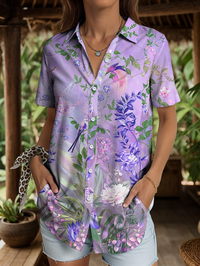  Women's Shirt Floral Graphic Bird Vintage Tropical Daily Sleeveless Short Sleeve Shirt Collar Regular Tops Daily Pink Purple Green Summer Spring