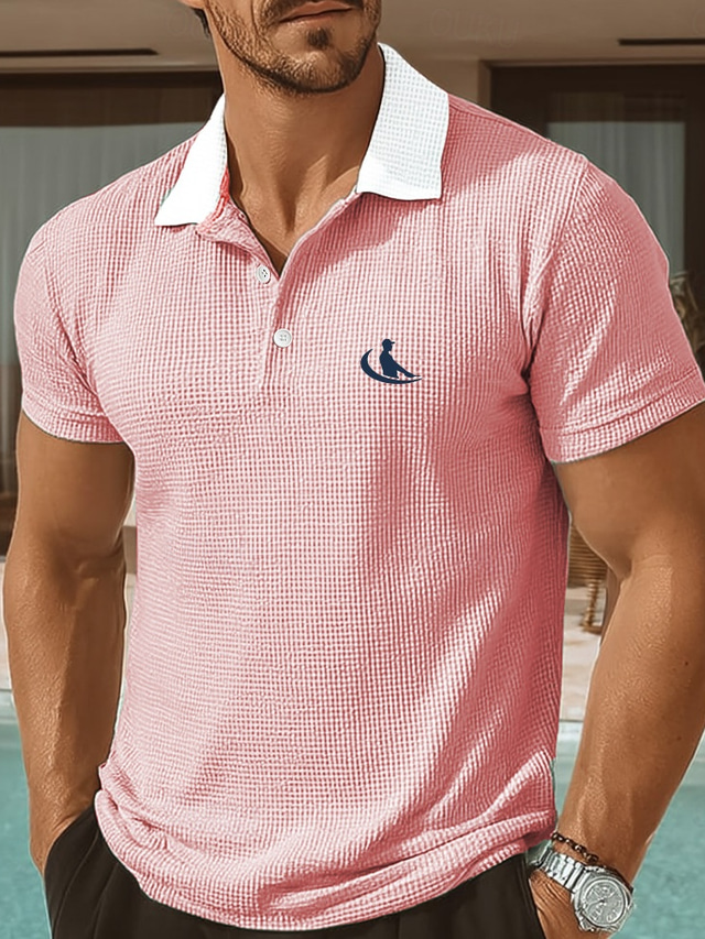  Homens Camisas Polo Waffle O negócio Aberto para a Lateral Manga Curta Escritório Gráfico Botões Verão Rubi Vermelho Vermelho Verde Camisas Polo Waffle