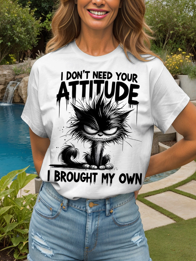  Women's T Shirt Graphic Animal Cat Vintage Stylish Classic Short Sleeve Crew Neck Round Neck Regular Tops Daily Weekend Print Black White Summer Spring