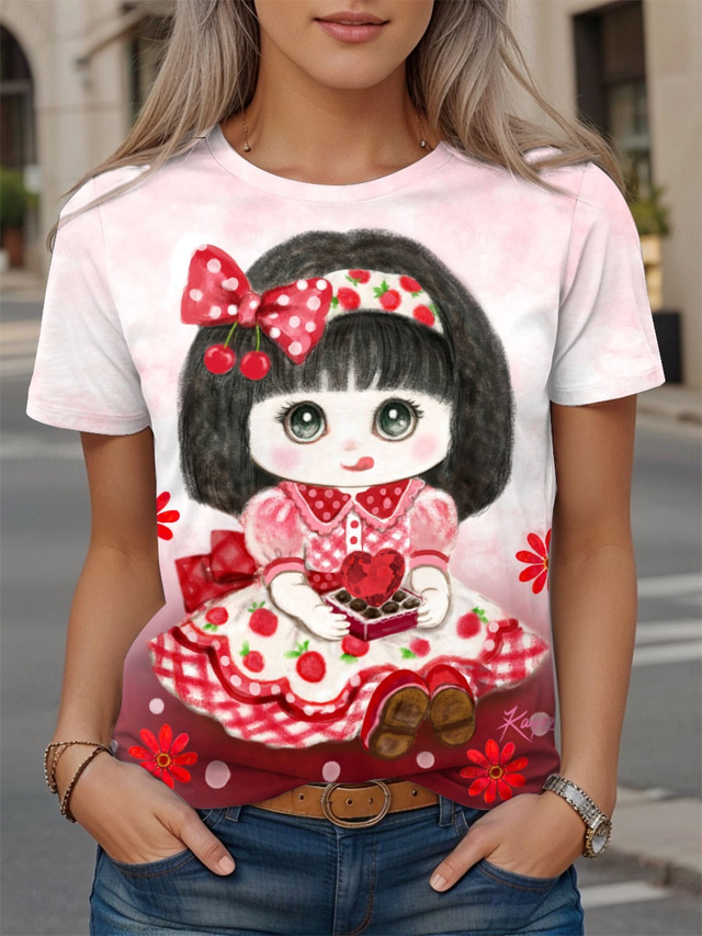  Kayomi Harai dames t-shirt bloemenprint cartoon schattig stijlvol casual korte mouw ronde hals normale tops dagelijks print rood zomer lente