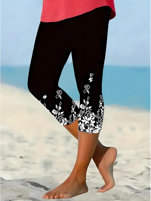  Damleggings Capri Byxor Hög Elasticitet Semester Vintage Mode Kalmudd Mitten Midja Blommig Grafisk Tryck Andningsbar Mjuk Elastisk Semester Ledig Daglig Svart himmelsblå Grön