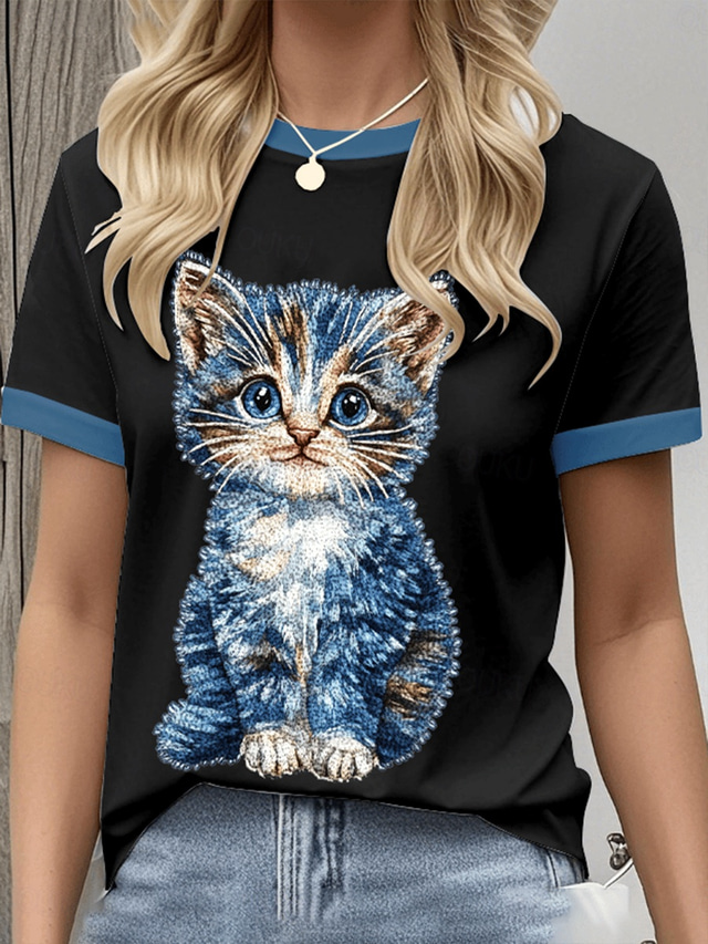  Women's T Shirt Graphic Animal Cat Vintage Stylish Classic Short Sleeve Crew Neck Round Neck Regular Tops Daily Weekend Print Black White Blue Gray Summer Spring