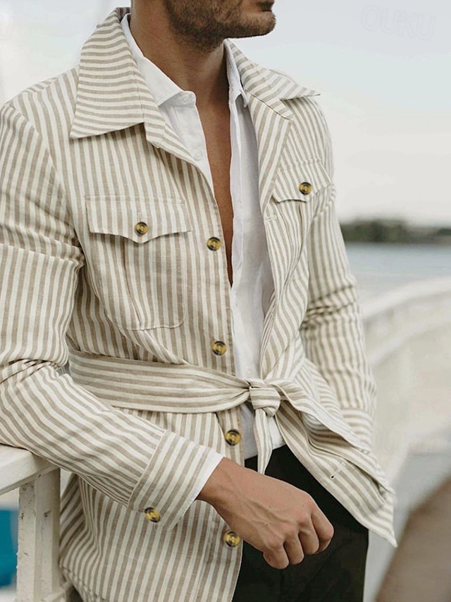  Men's Lightweight Jacket Summer Jacket Shirt Jacket Transition Jacket Vacation Daily Pocket Summer Spring Stripes Fashion Classic Lapel Regular Pink Blue Green Khaki Jacket