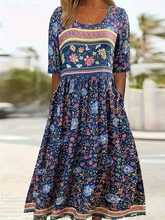 Per donna Abito Midi Abito Estivo Abito Pieghettato Vacanza Casual Spiaggia Quotidiano Ferie Vestibilità comoda Floreale Grafico Manica Corta Girocollo Blu marino Estate