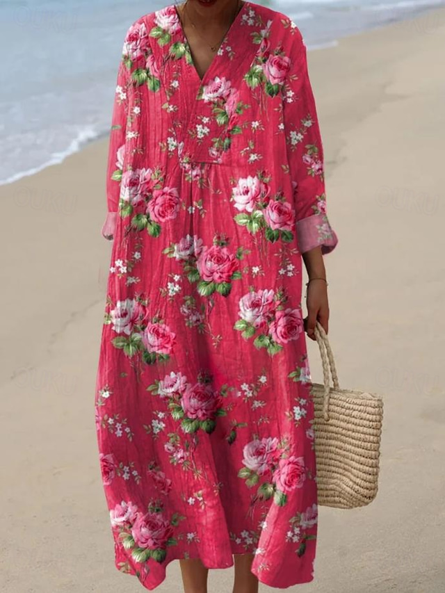  Per donna Abito Midi Vestito Estivo Abito a trapezio Vacanza Casual Boho Feste Uscire Spiaggia Floreale Grafico Manica Lunga Scollo a V Grigio verde Rosa scuro Bianco sporco Rosa e bianco Estate