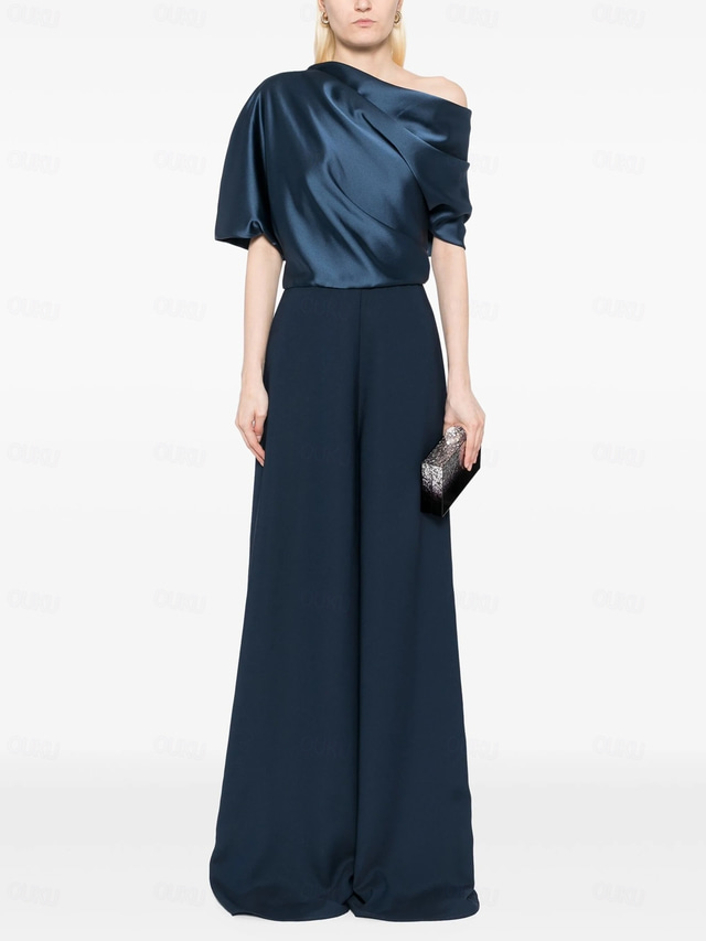  Jumpsuit Mother of the Bride Dress Wedding Guest Simple Minimalist One Shoulder Floor Length Satin Stretch Fabric Short Sleeve with Ruched 2025