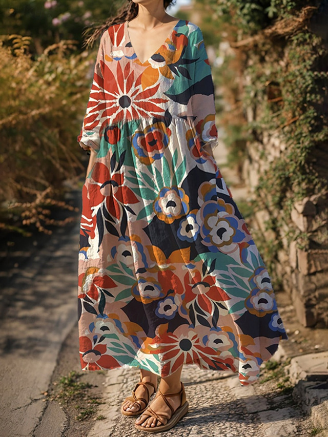  Dames Halflange jurk A lijn jurk Zomerjurk Casual Dagelijks Ruim Passend Bloemig Grafisch 3/4 mouw V-hals Wit Rood blauw Zomer
