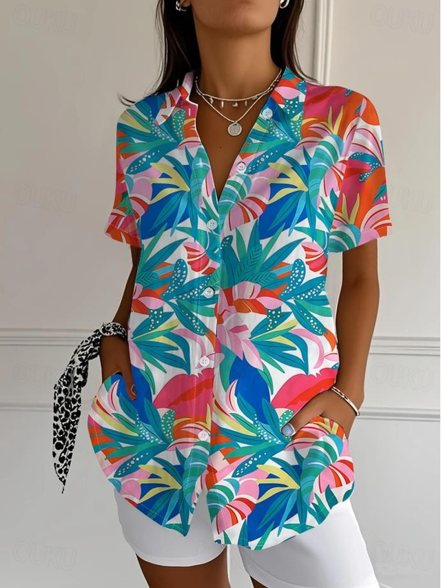  Women's Shirt Floral Graphic Vintage Tropical Daily Sleeveless Short Sleeve Shirt Collar Regular Tops Daily Navy Blue Light Blue Summer Spring
