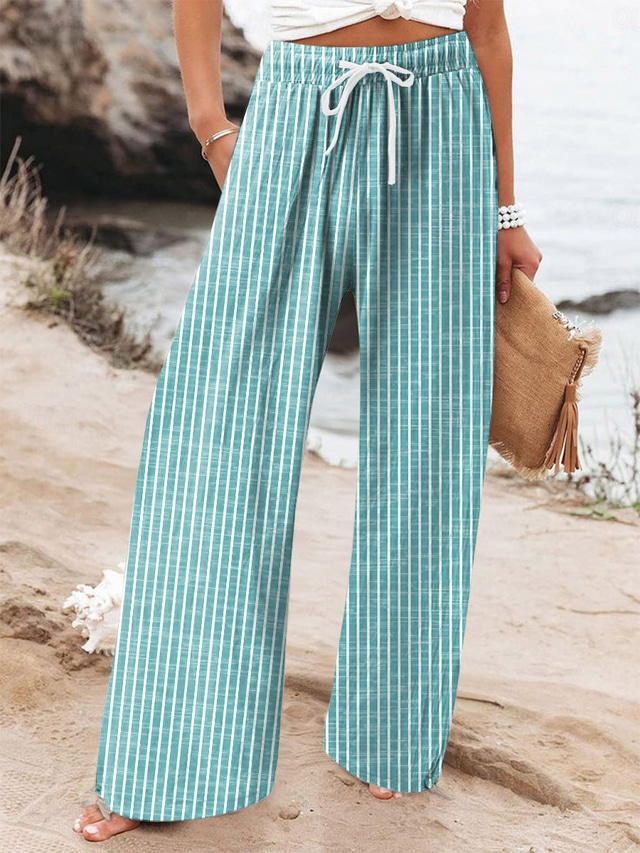  Women's Wide Leg Chinos Beach Shorts Vacation Fashion Casual Full Length High Waist Graphic Stripe Drawstring Printing Breathable Soft Micro-elastic Vacation Casual Daily Violet Robin's Egg Blue Green