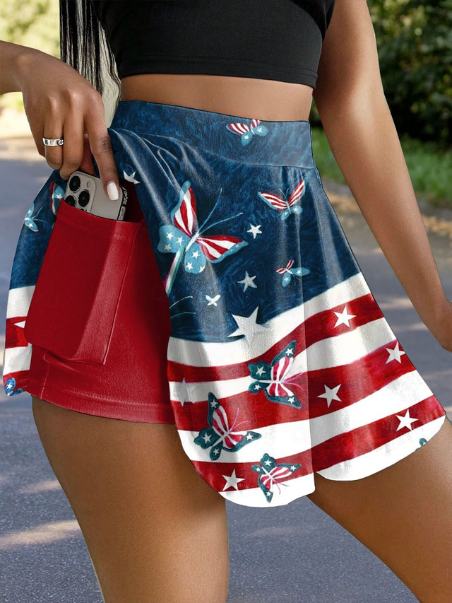  Independence Day Women's Patriotic Fourth of July Skirt Fashion Casual Mini High Waist Skirts Graphic Butterfly Striped Stretchy Daily Blue Summer Knit Polyester