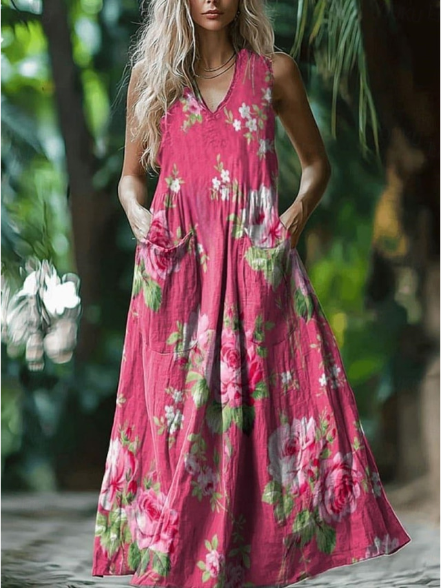  Women's Long Dress Maxi Dress Casual Dress Swing Dress Summer Dress Boho Dress Vintage Vacation Daily Holiday Regular Fit Floral Sleeveless V Neck Pink Green Summer