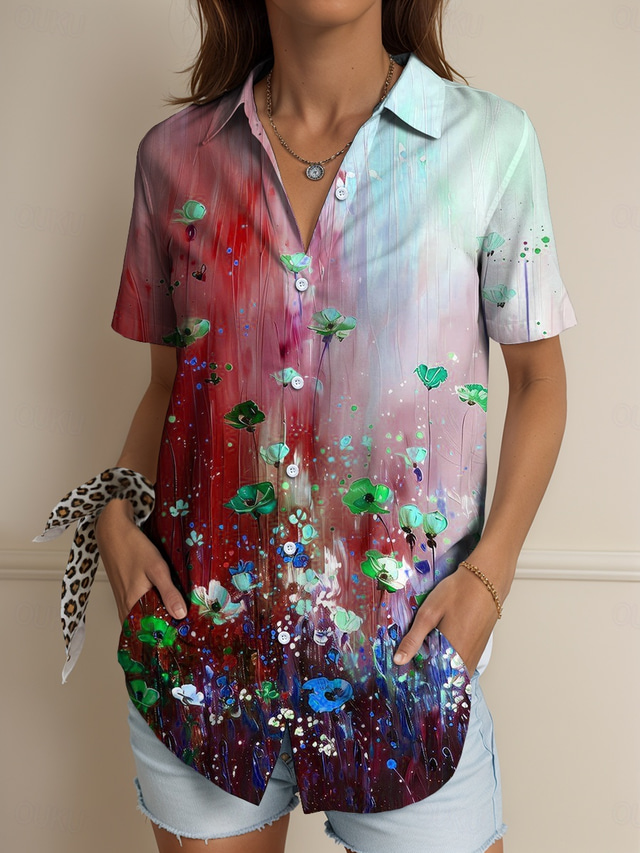  Women's Shirt Ombre Floral Graphic Vintage Tropical Daily Sleeveless Short Sleeve Shirt Collar Regular Tops Daily Yellow Red Blue Purple Summer Spring