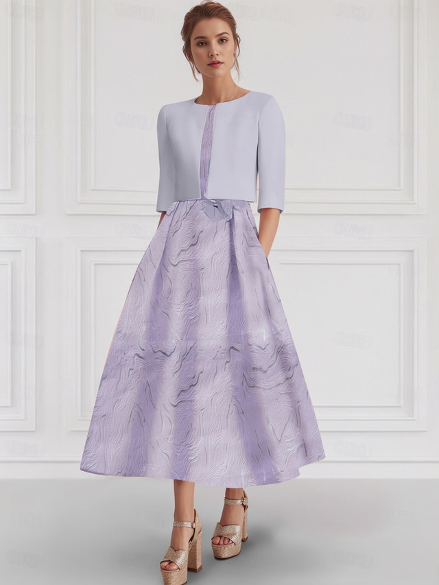  Pink Jacquard Dress 2 Pieces A-Line Cocktail Dresses Elegant Dress Formal Semi Formal Dress Wedding Tea Length Sleeveless Square Neck Stretch Crepe with Jacket 2025