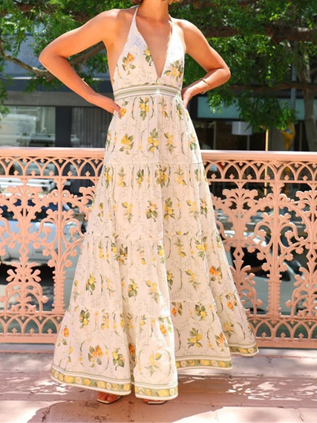  Women's Long Dress Maxi Dress Cotton Linen Dresses Casual Dress Fashion Outdoor Party Holiday Regular Fit Flower Short Sleeve Halter Neck Beige Summer