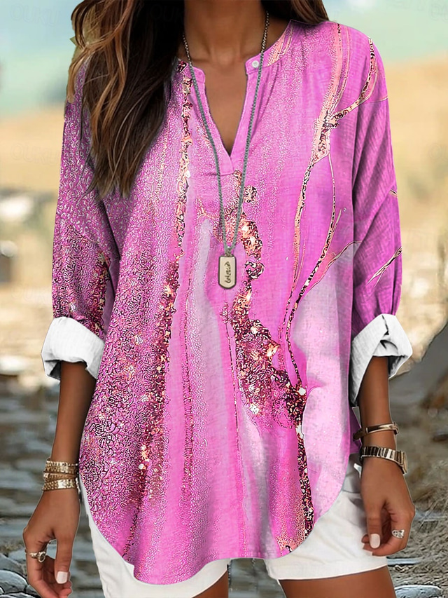  Women's Blouse Graphic Marble Elegant Stylish Long Sleeve V Neck Regular Tops Daily Holiday Print Pink Blue Purple Summer Spring