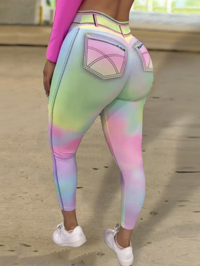  Kvinno leggings byxor 3D-print semester casual tights hel längd hög midja gradient hög skärning komfort andningsbar snabb torkning stretchig utomhus yoga gata djup grön blå grön sommar slim fit