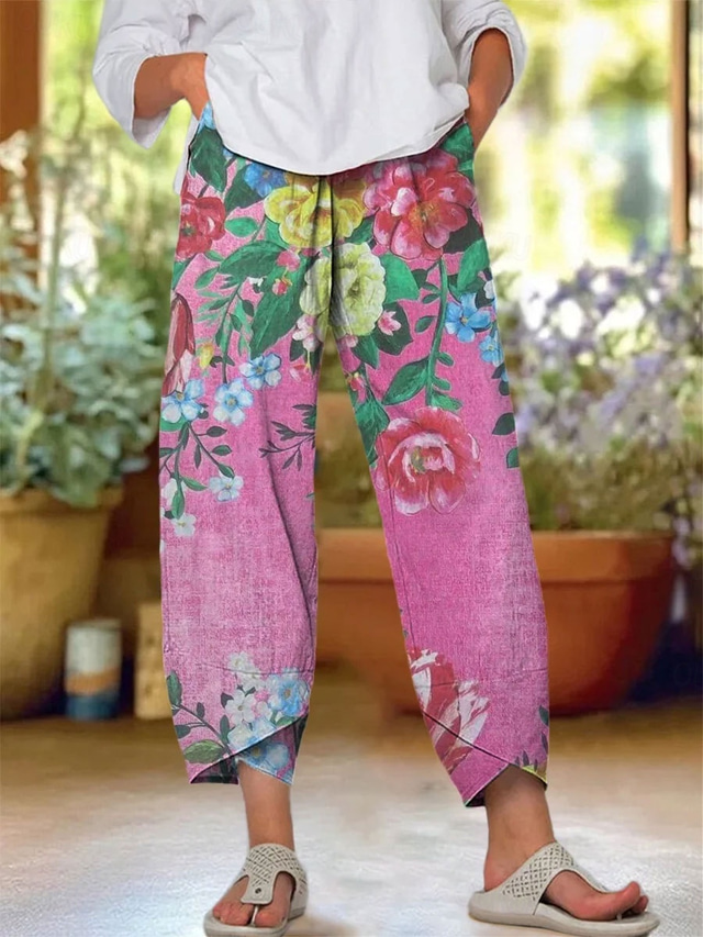  Femmes Chinos Pantalons Amples Shorts de plage Vacances ancien Style Ethnique Longueur cheville Taille haute Fleuri Graphique Impression Chaleur Thermique Respirant Doux Micro-Élastique Formel