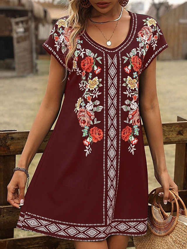  Dam Mini klänning T shirtklänning Solklänning Sommarklänning Semester Ledigt Boho Dagligen Utekväll Normal Blommig Grafisk Kortärmad V-hals Svart Vin Blå Brun Sommar