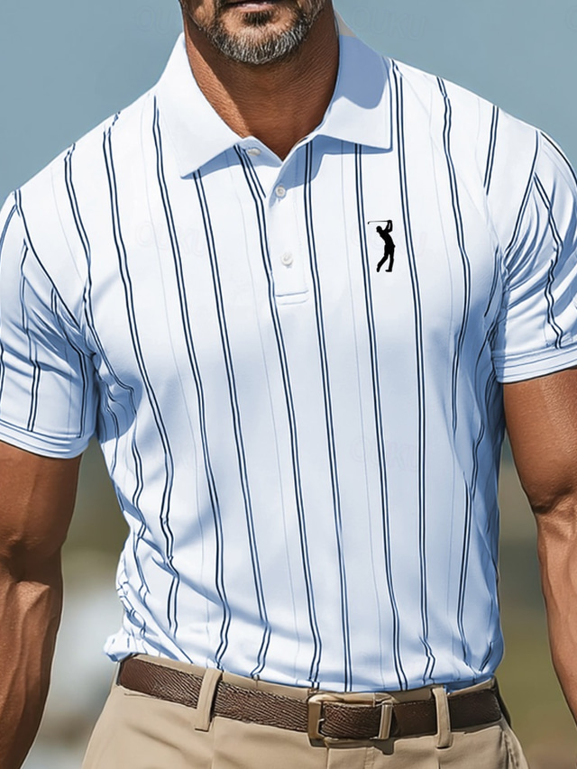  Herren Sport-Poloshirts Sport Revers Kurzarm Vertikale Streifen Knöpfe Sommer Rubinrot Weiß Grün Sport-Poloshirts