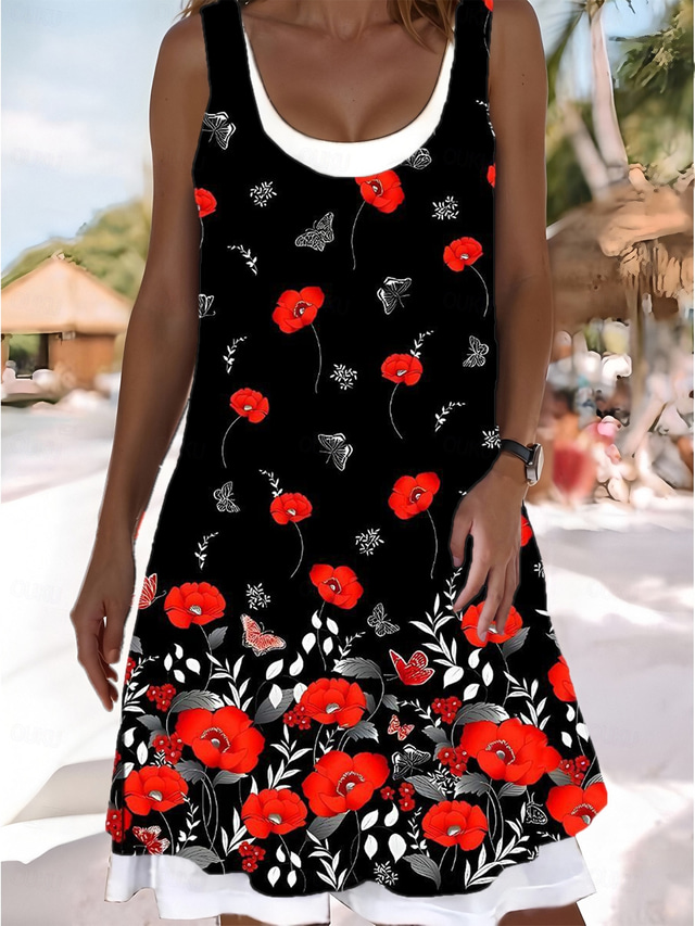  Women's Midi Dress Tank Dress Fashion Classic Outdoor Daily Weekend Regular Fit Graphic Sleeveless Crew Neck Black Summer Spring Fall