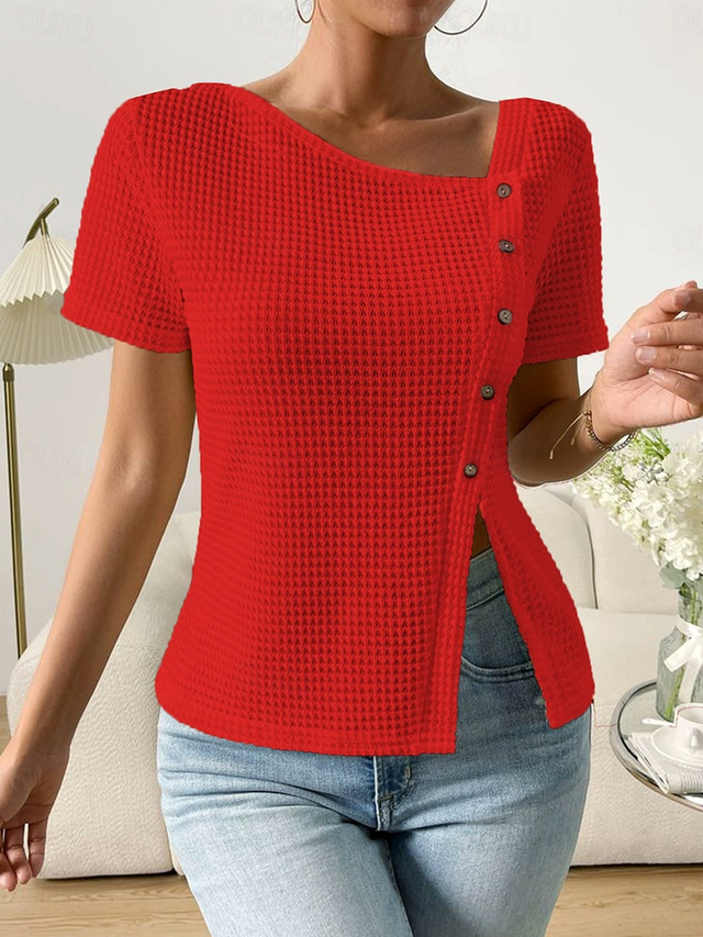  Women's Shirt Plain Basic Casual Short Sleeve Asymmetrical V Neck Regular Tops Daily Buttons Asymmetric White Red Purple Summer