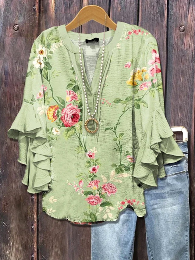  Women's Blouse V Neck Ombre Floral Graphic Elegant Bohemia Stylish 3/4 Length Sleeve Regular Tops Daily Holiday Vacation Wear Ruffle Print Blush Pink Light Green Light Blue Summer Spring Fall