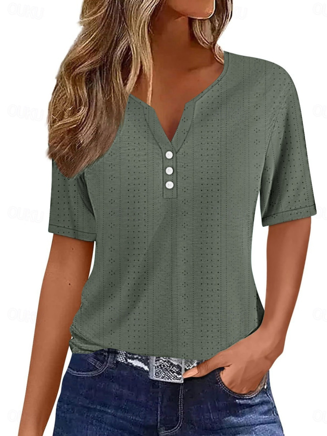  Women's T Shirt Solid Color Plain Stylish Modern Casual Short Sleeve V Neck Regular Tops Daily Weekend Eyelet Black White Pink Blue Purple Summer