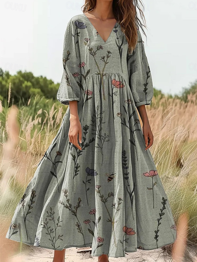  dame bomull lin maxikjole sommerkjole plissert kjole ferie avslappet bohem utendørs uteliv strand blomster paisley 3/4 lengde linlignende ermer v-hals grå grønn blå off-white