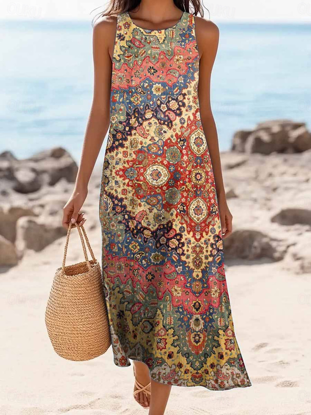  Damen Maxikleid Sommerkleid Shiftkleid Schulterfreies Kleid Lässig Ausgehen Strand Normale Passform Grafik Stammes Ärmellos V Ausschnitt Rot orange Sommer Frühling
