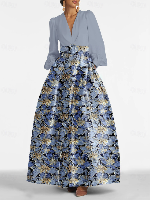  Blue Jacquard Brocade Floral A-Line Evening Gown Dress Formal Wedding Guest Floor Length Long Sleeve V Neck Belt Nylon with Slit Pocket