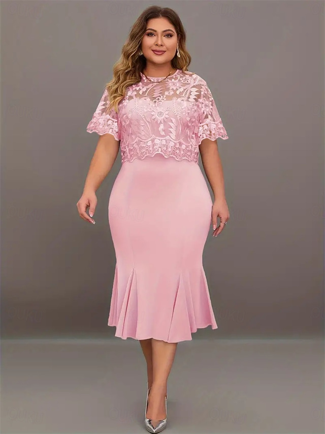  Dress Mother of the Bride Dress Elegant Crew Neck Tea Length Lace Short Sleeve with Solid Color 2025