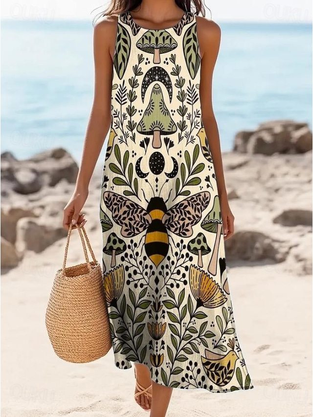  Femmes Robe maxi Robe trapèze Robe à épaules dénudées Vacances Occasionnel Boho Sortir Coupe Standard Fleuri Graphique Sans manches Col en U Jaune clair Bleu Été Printemps