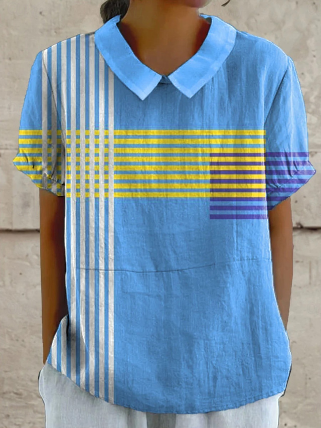  Women's Blouse Graphic Geometric Striped Elegant Daily Stylish Short Sleeve Shirt Collar Regular Tops Work Daily Holiday Lace Yellow Blue Orange Summer Spring
